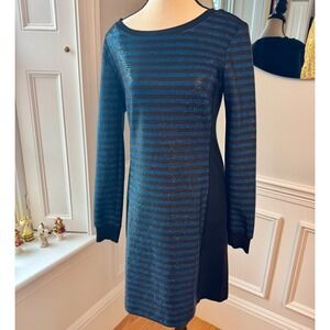 Trina Turk Metallic Stripe Knit Sheath Dress Size 6 Blue Black Ponte USA